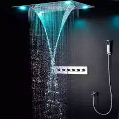 Composition de douche thermostatique avec ciel de pluie LED et chromothérapie - 80x60 cm