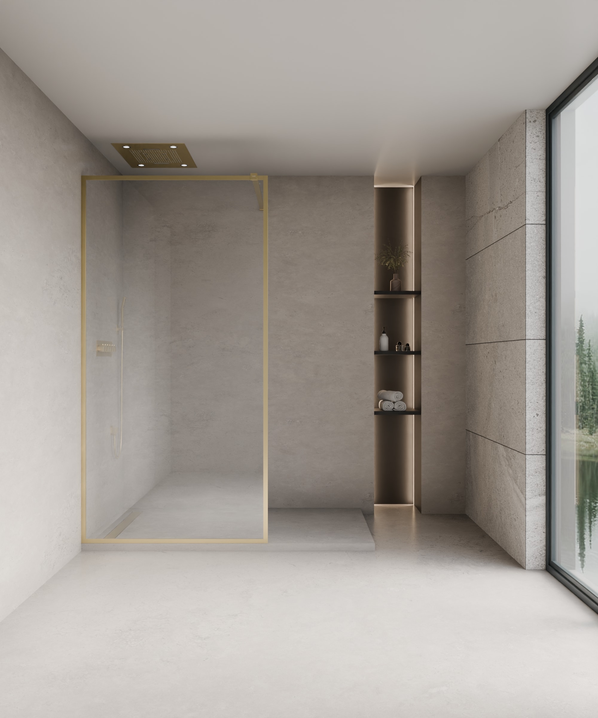 Evora - Paroi de douche fixe en verre transparent, cadre doré brossé - 70 cm