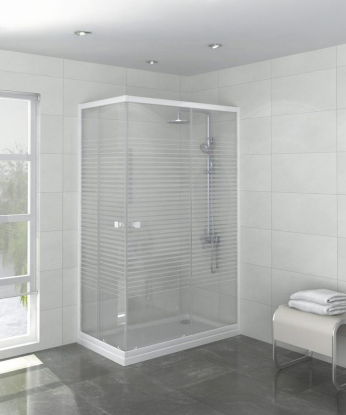 Porte de douche accès angle, verre sérigraphié blanc