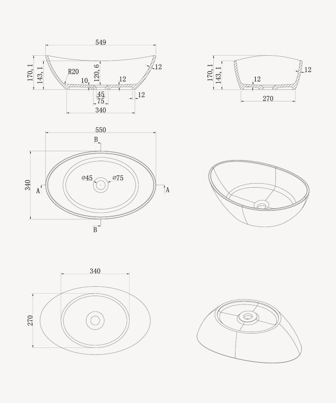 Vasque ovale à poser en solid surface Blanc mat - Loandjili