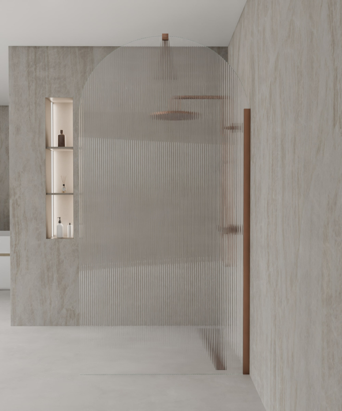 Nisa - Paroi de douche à l'italienne verre cannelé arrondi profilé or rose brossé