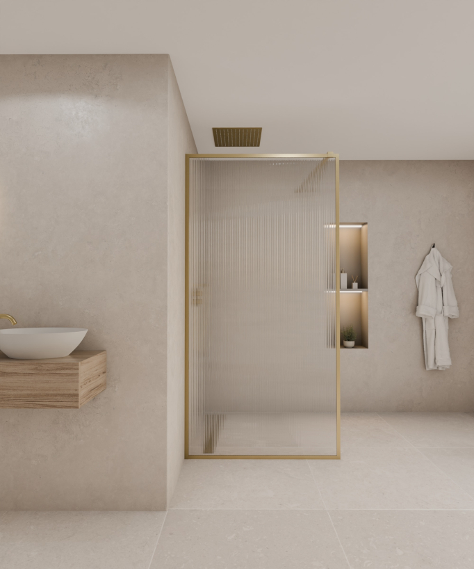 Sintra - Paroi de douche fixe avec profilés doré brossé et verre cannelé 