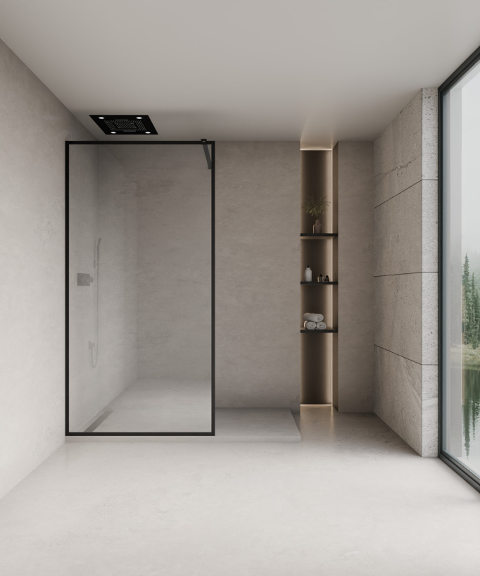 Paroi douche en verre trempé Sécurit transparent délimitée par des profilés noirs formant un cadre posée sur un receveur de douche plat