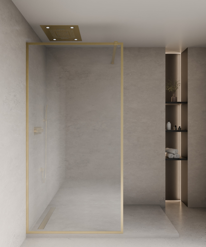 Evora - Paroi de douche fixe en verre transparent, cadre doré brossé