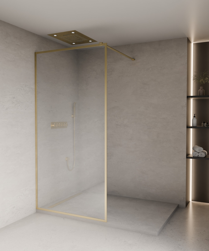 Evora - Paroi de douche fixe en verre transparent, cadre doré brossé