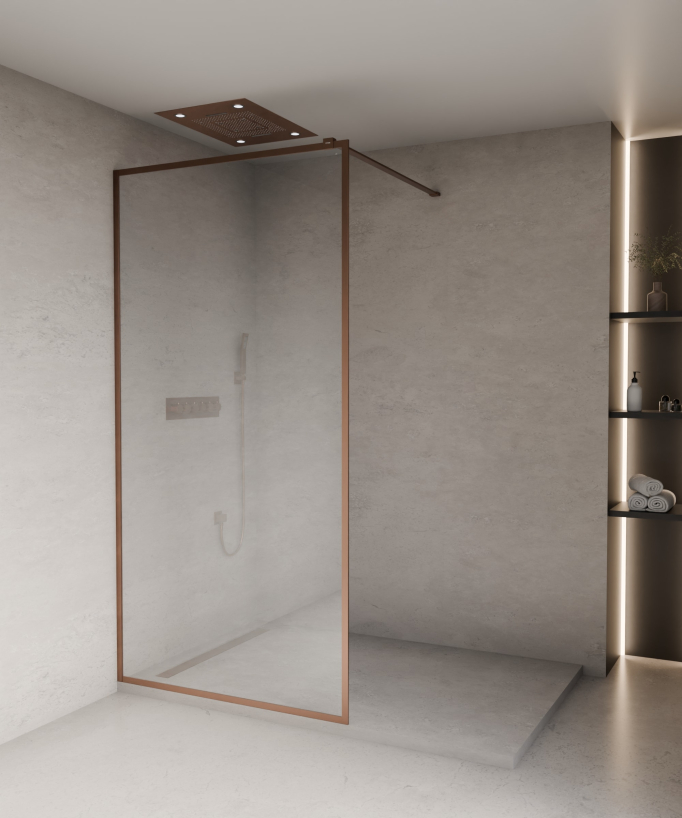 Evora - Paroi de douche fixe en verre transparent, cadre or rose brossé