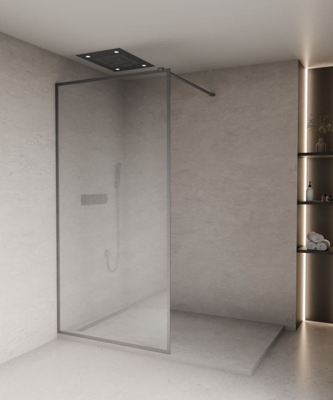 Evora - Paroi de douche fixe en verre transparent, cadre gunmetal