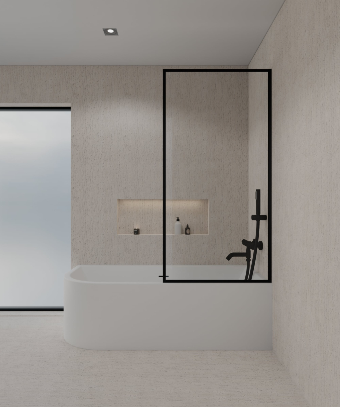 Paroi de douche baignoire posée sur une baignoire blanche en verre trempé securit transparent avec cadre en acier inoxydable noir assorti à la robinetterie de bain noire