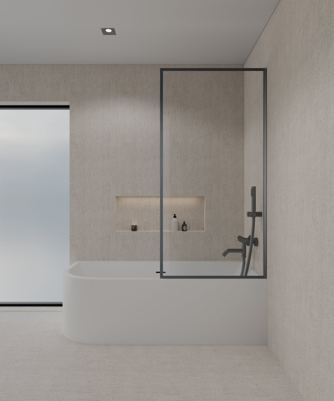 Paroi de douche baignoire posée sur une baignoire blanche en verre trempé securit transparent avec cadre en acier inoxydable gun metal assorti à la robinetterie de bain  brossé