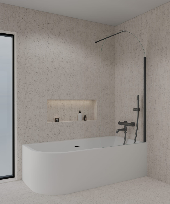 Pare-baignoire fixe 70 x 140 cm en verre trempé arche avec profilé et barre de renfort gun metal - Leira 