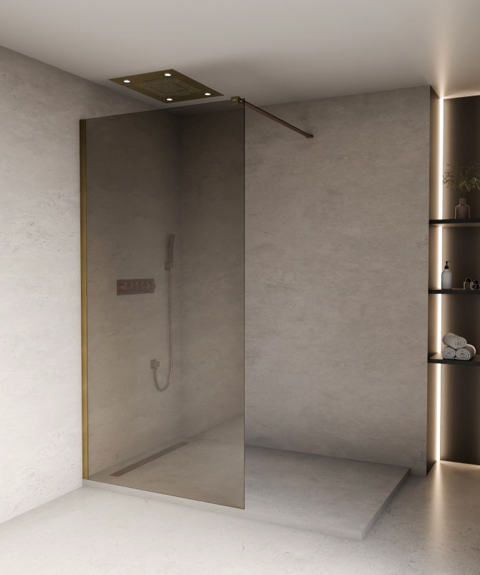 Mira - Paroi de douche fixe en verre fumé café profilé bronze