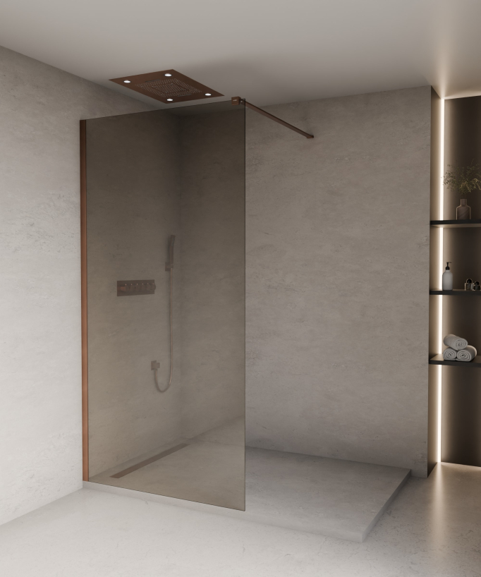 Mira - Paroi de douche verre fumé café fixe, finition or rose brossé