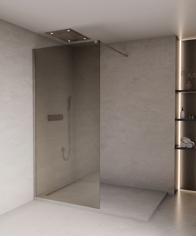 Mira - Paroi de douche fixe en verre fumé café profilé nickel brossé
