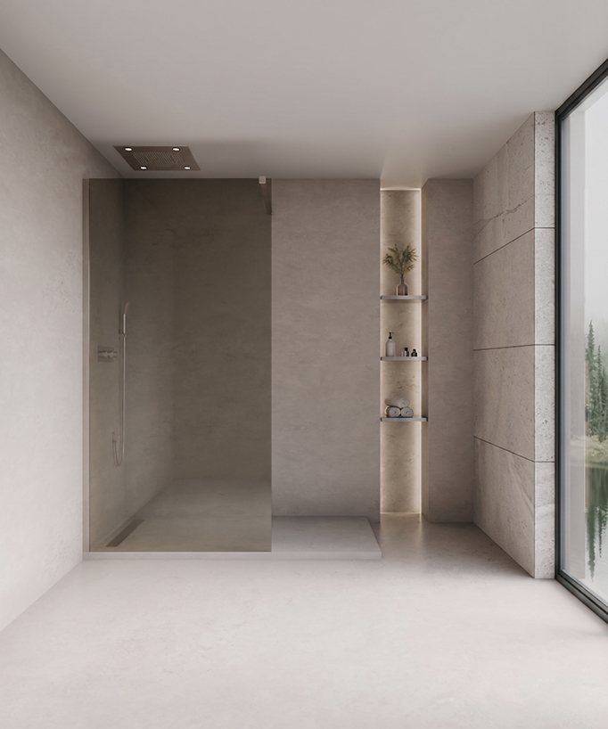 Mira - Paroi de douche fixe en verre fumé café profilé nickel brossé