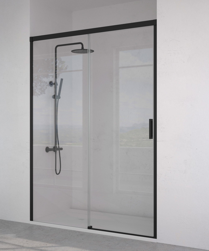 Paroi de douche fixe porte coulissante avec cadre et poignée noir.