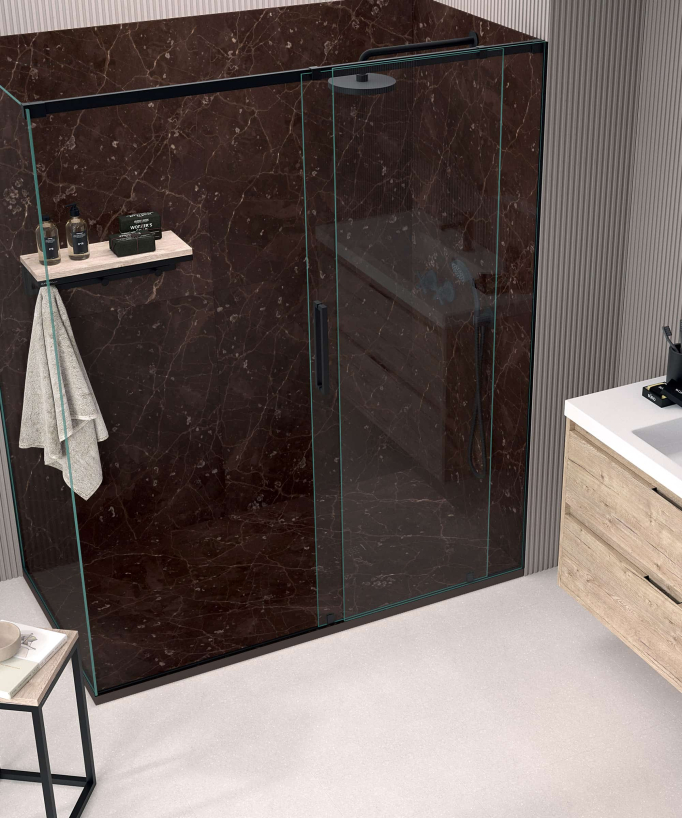Receveur de douche Oasis brun foncé, finition Lisse Stone 3D, grille de couleur