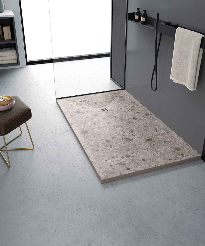 Receveur de douche Terrazo Beige, finition Lisse Stone 3D, grille de couleur