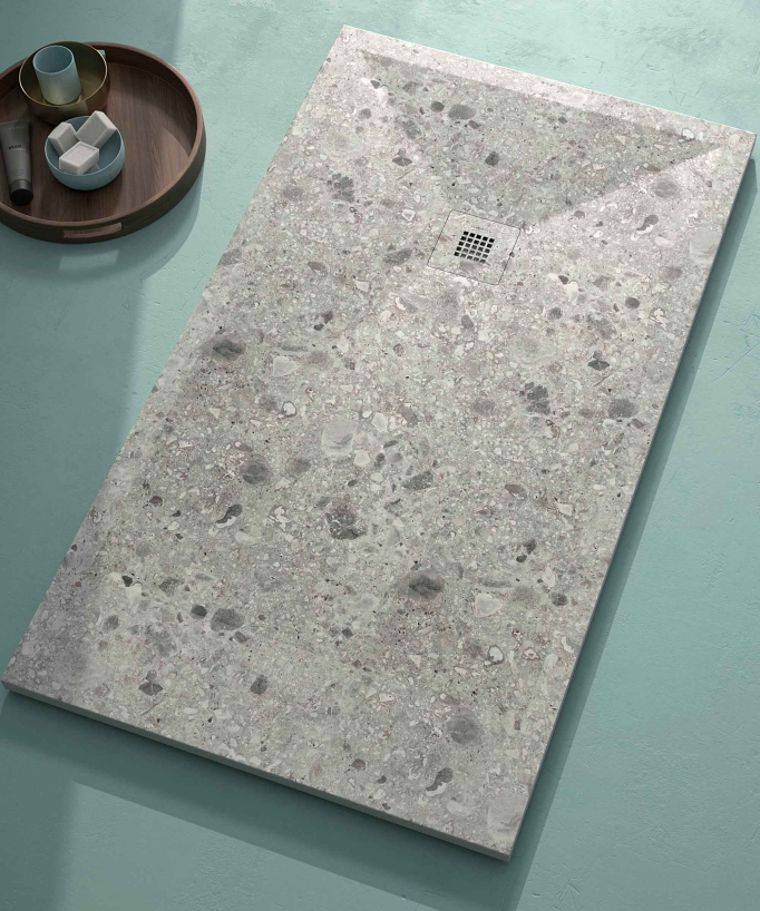 Receveur de douche Terrazo Grey, finition Lisse Stone 3D, grille de couleur