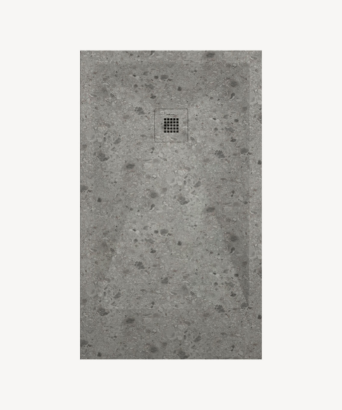 Receveur de douche Terrazo Grey, finition Lisse Stone 3D, grille de couleur