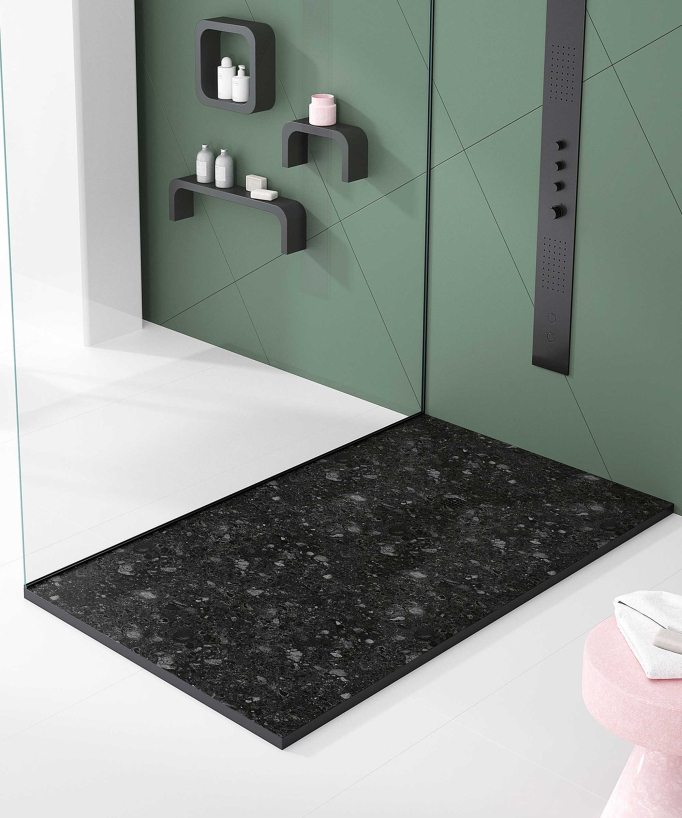 Receveur de douche Terrazo Noir, finition Lisse Stone 3D, grille de couleur