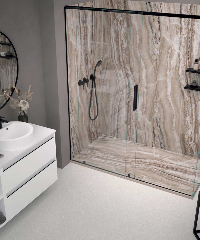 Receveur de douche Travertin brun, finition Lisse Stone 3D, grille de couleur
