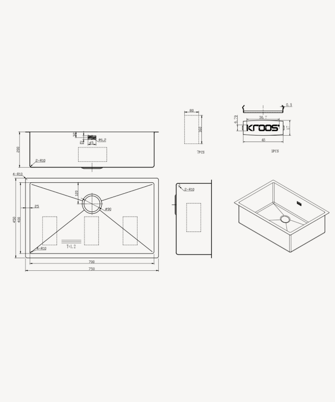 Évier simple 750 mm - acier inoxydable - Hiba