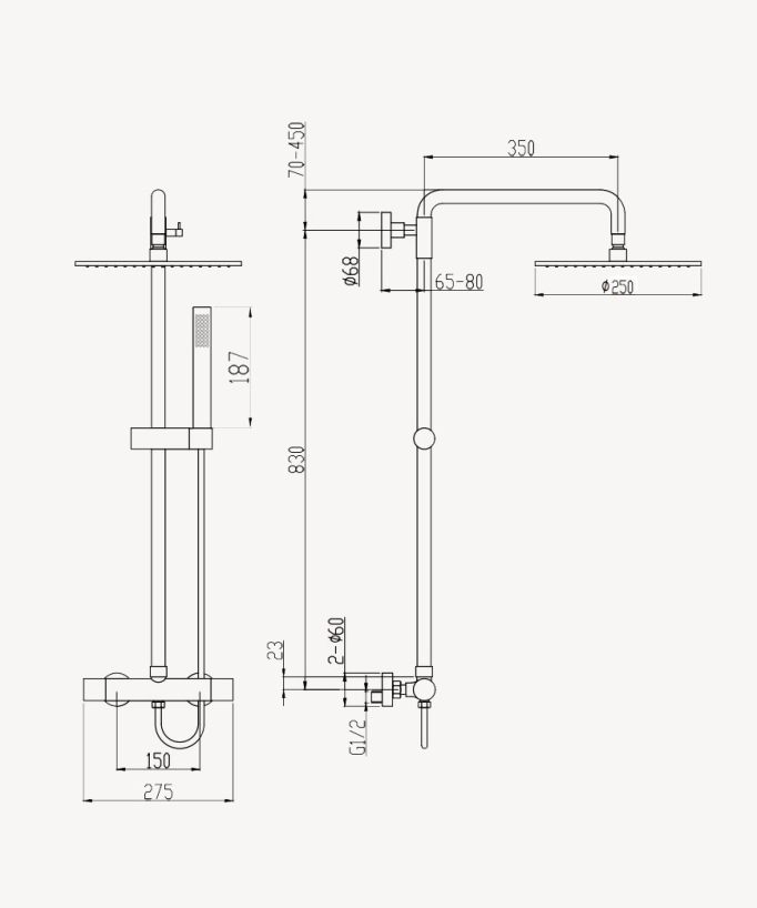 Colonne de douche thermostatique, pommeau pluie et support douchette réglable - Corbeau