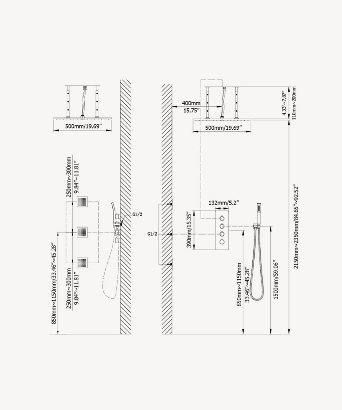 Ciel de douche thermostatique encastré au plafond 500 mm, 3 jets de corps Sirius