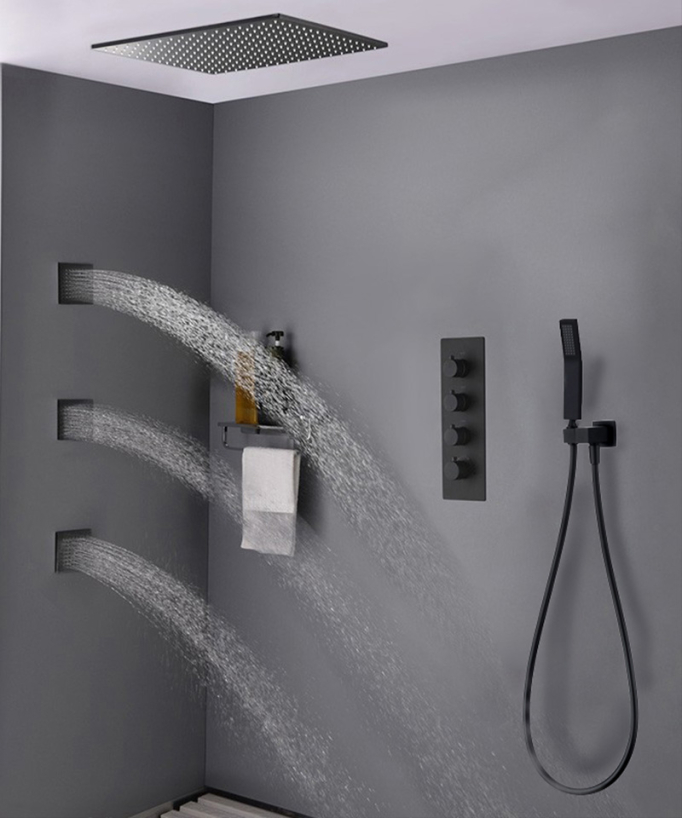 Ciel de douche thermostatique encastré au plafond 500 mm, 3 jets de corps Sirius