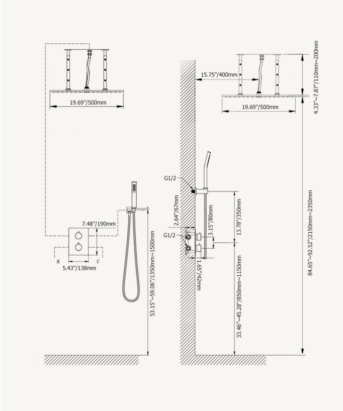Système de douche thermostatique encastré au plafond - Chromé