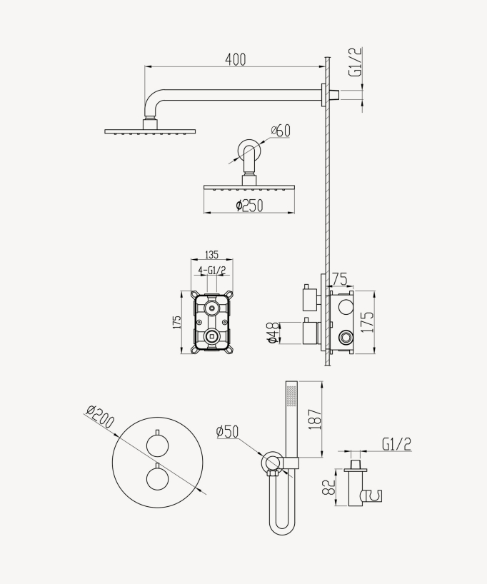 Colonne de douche encastrée thermostatique pommeau pluie anti calcaire - Corbeau