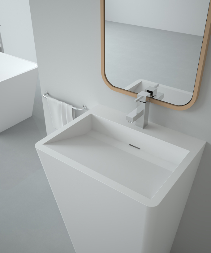 Lavabo totem rectangle à poser en résine minérale Blanc mat - Linzolo