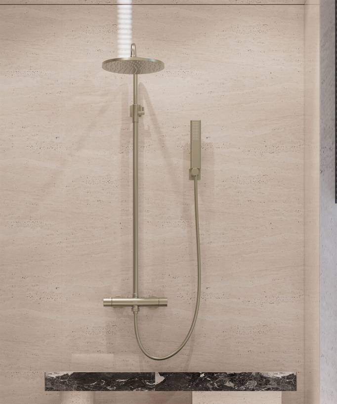 Colonne de douche thermostatique murale Doré brossé - Fiumina