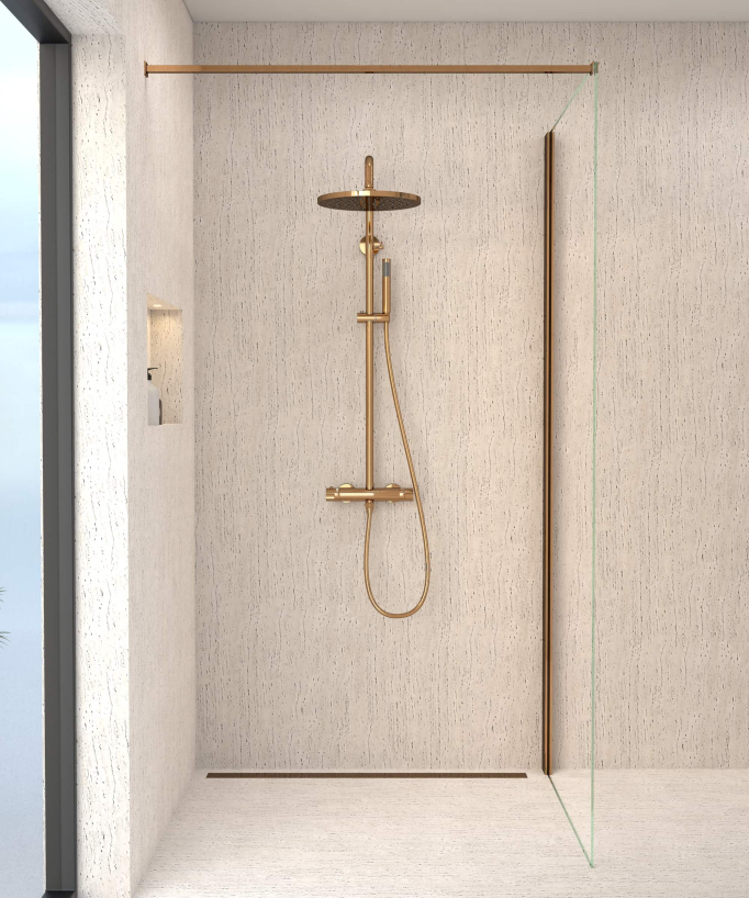 Colonne de douche thermostatique murale  or rose de forme ronde, collection Corbeau
