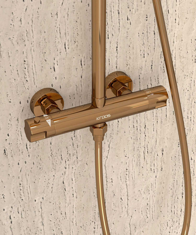 Colonne de douche thermostatique or rose, pommeau pluie et support douchette réglable - Corbeau