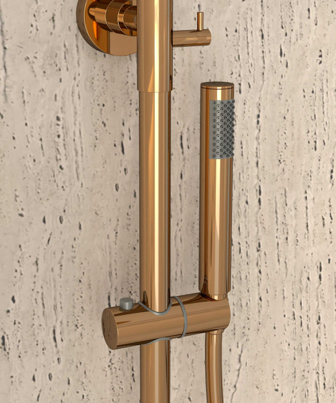 Colonne de douche thermostatique or rose, pommeau pluie et support douchette réglable - Corbeau