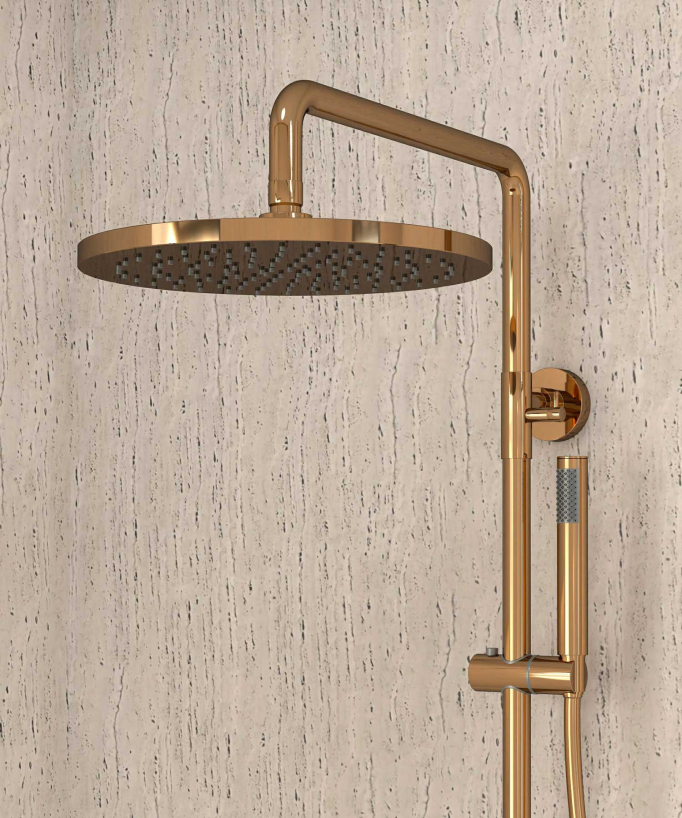 Colonne de douche thermostatique or rose, pommeau pluie et support douchette réglable - Corbeau