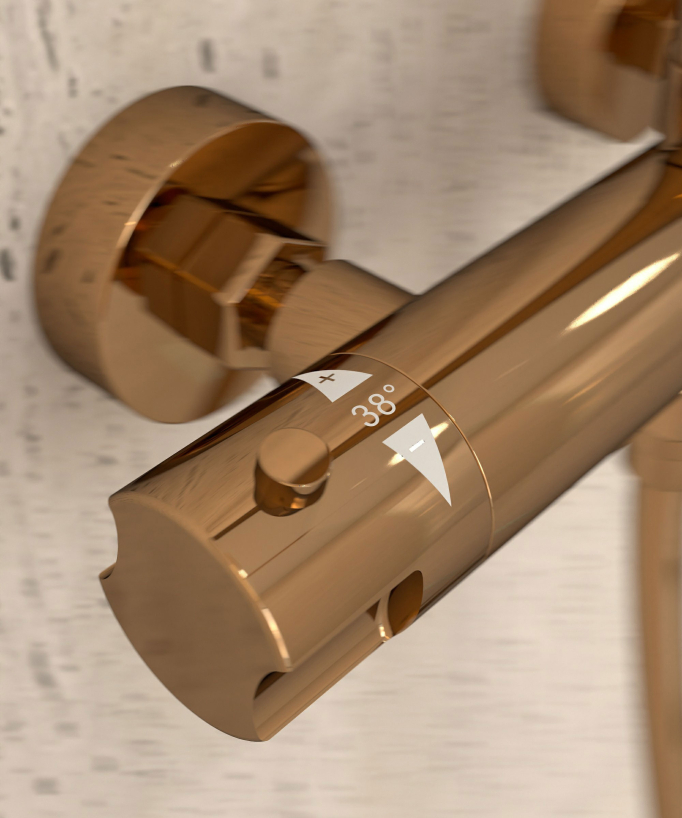 Colonne de douche thermostatique or rose, pommeau pluie et support douchette réglable - Corbeau
