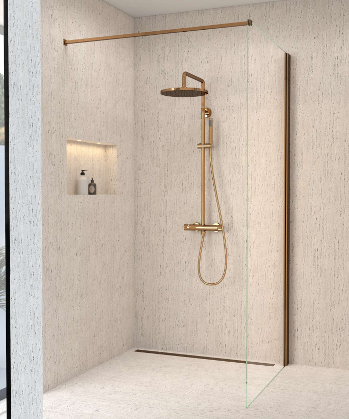 Colonne de douche thermostatique or rose, pommeau pluie et support douchette réglable - Corbeau