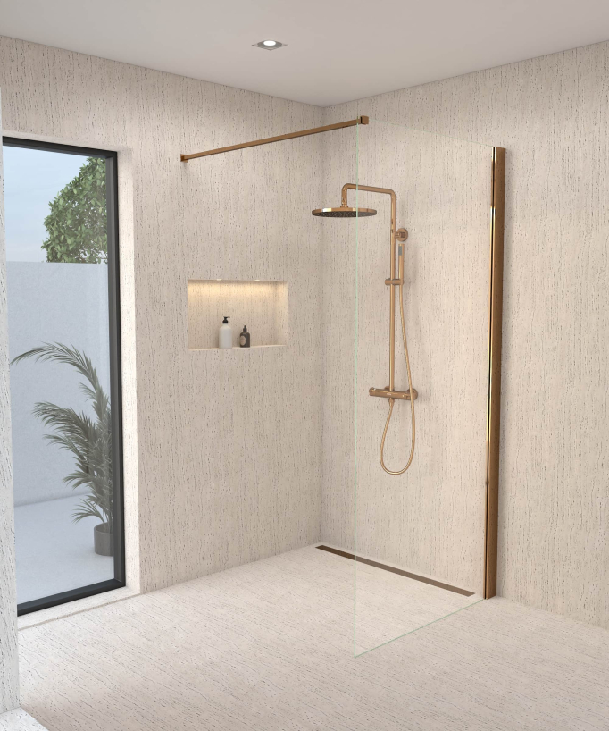 Colonne de douche thermostatique or rose, pommeau pluie et support douchette réglable - Corbeau
