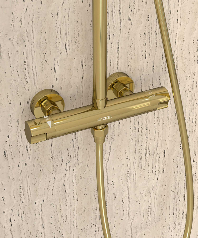 Colonne de douche thermostatique dorée, pommeau pluie et support douchette réglable - Corbeau