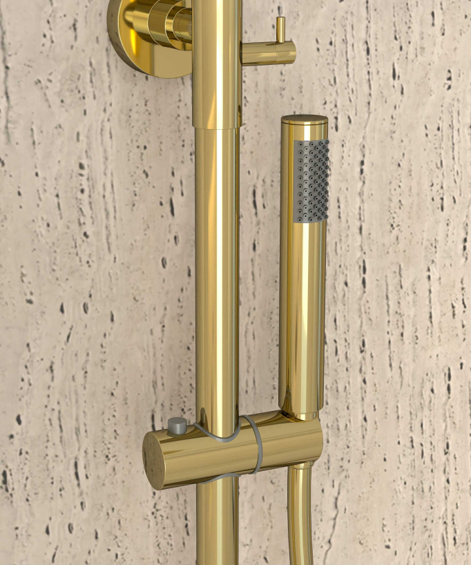 Colonne de douche thermostatique dorée, pommeau pluie et support douchette réglable - Corbeau