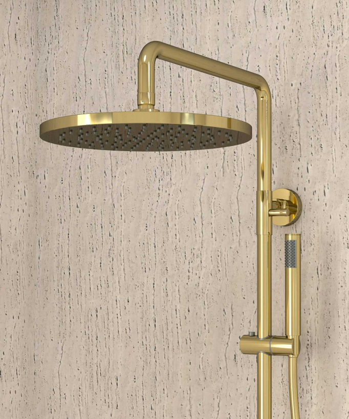 Colonne de douche thermostatique dorée, pommeau pluie et support douchette réglable - Corbeau