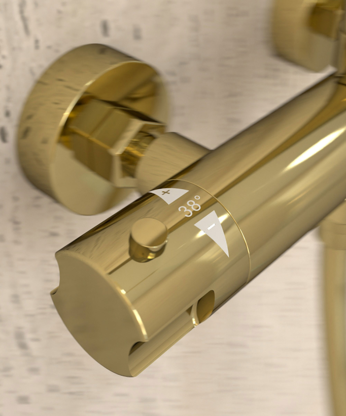 Colonne de douche thermostatique dorée, pommeau pluie et support douchette réglable - Corbeau