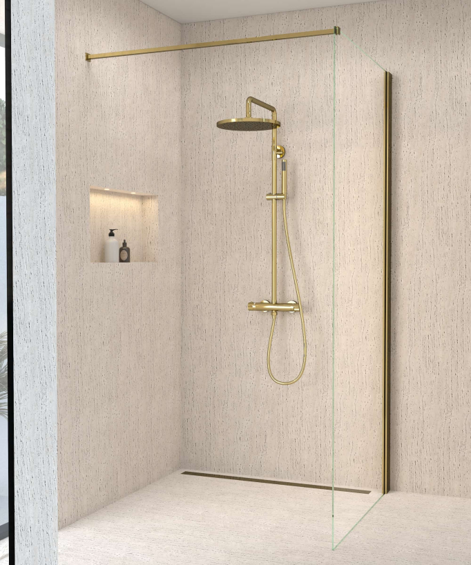 Colonne de douche thermostatique dorée, pommeau pluie et support douchette réglable - Corbeau