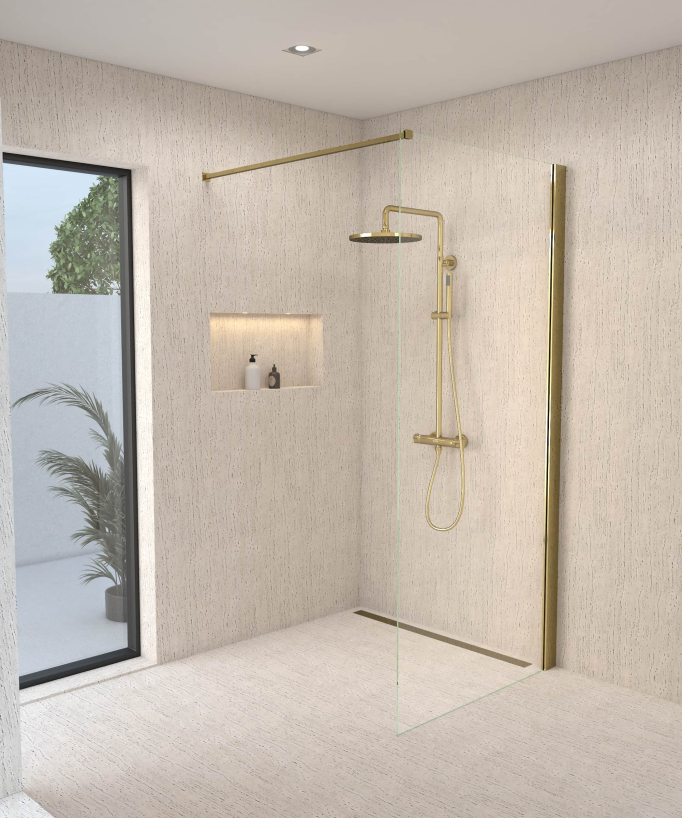 Colonne de douche thermostatique dorée, pommeau pluie et support douchette réglable - Corbeau