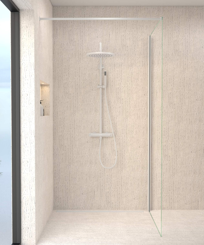 Colonne de douche thermostatique murale  blanche de forme ronde, collection Corbeau