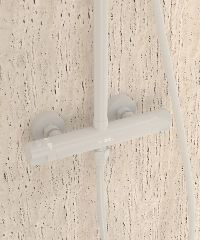 Colonne de douche thermostatique blanche, pommeau pluie et support douchette réglable - Corbeau