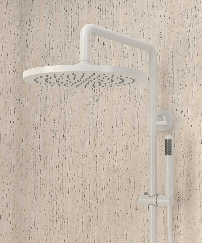 Colonne de douche thermostatique blanche, pommeau pluie et support douchette réglable - Corbeau