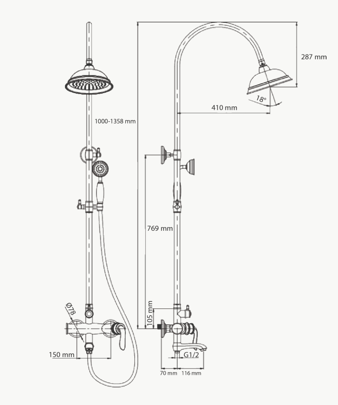 Colonne bain-douche chromée style rétro - Erbe
